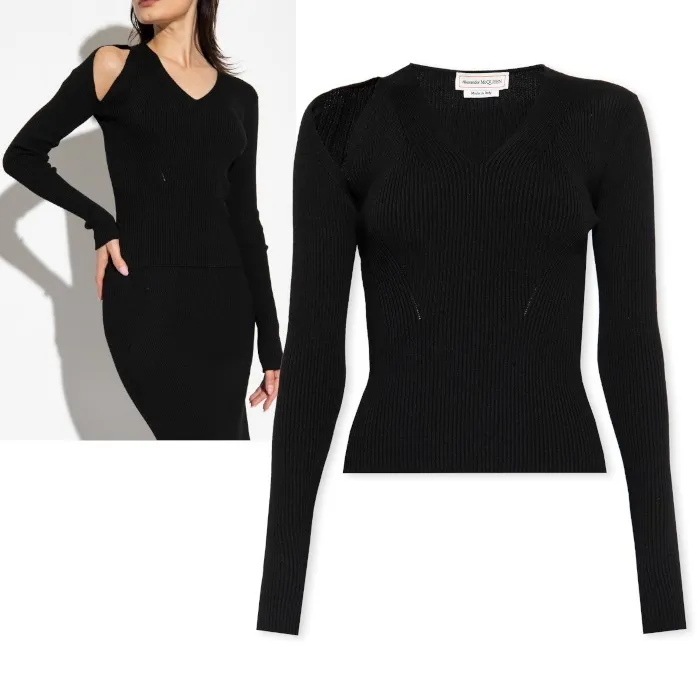 alexander mcqueen  |Casual Style Wool Rib V-Neck Long Sleeves Plain Party Style