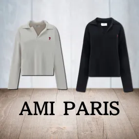 AMI PARIS  |Long Sleeves Plain Cotton Oversized Logo V-neck & Crew neck