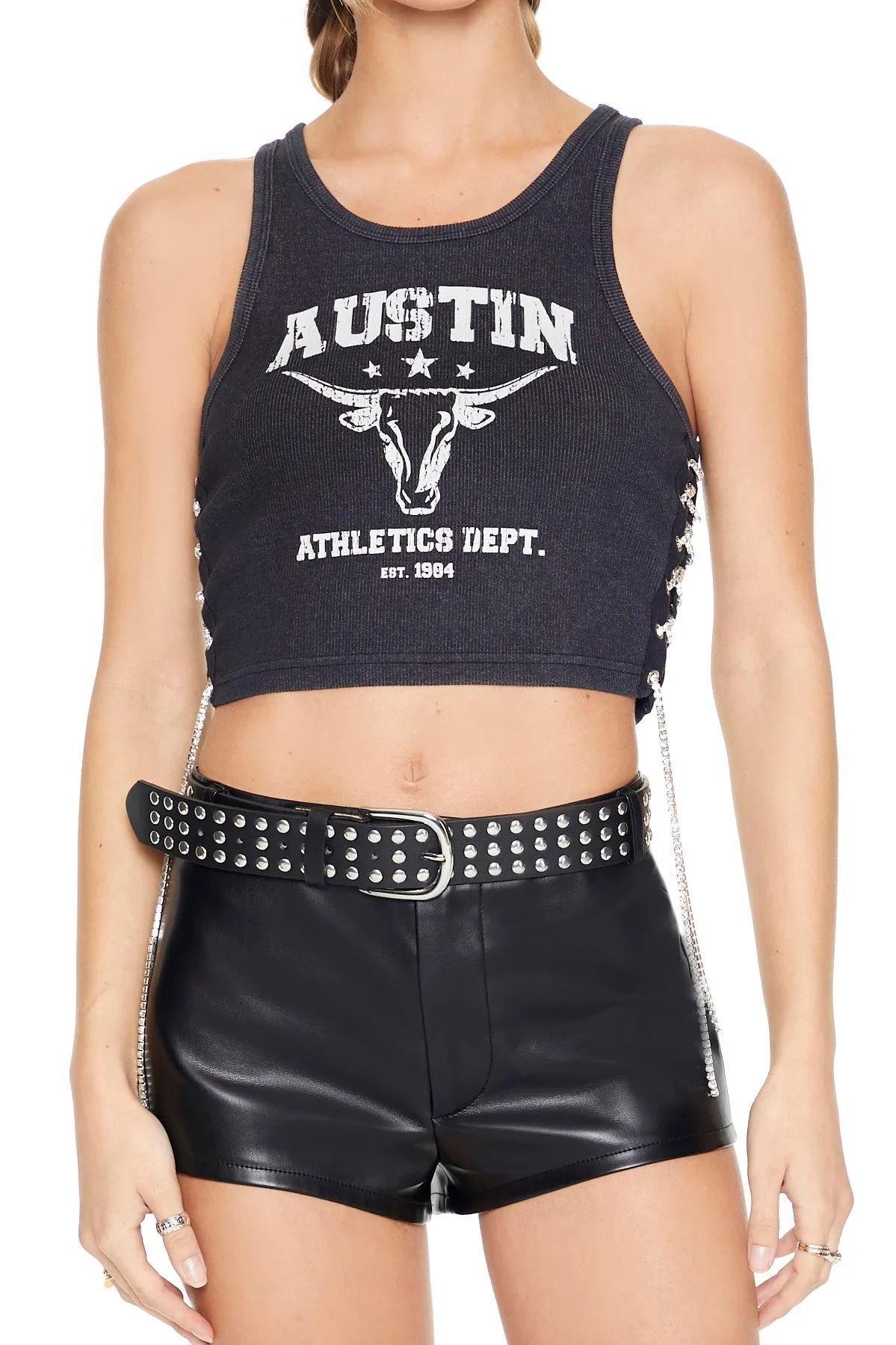 Austin Graphic Rhinestone Lace-Up Cropped Tank