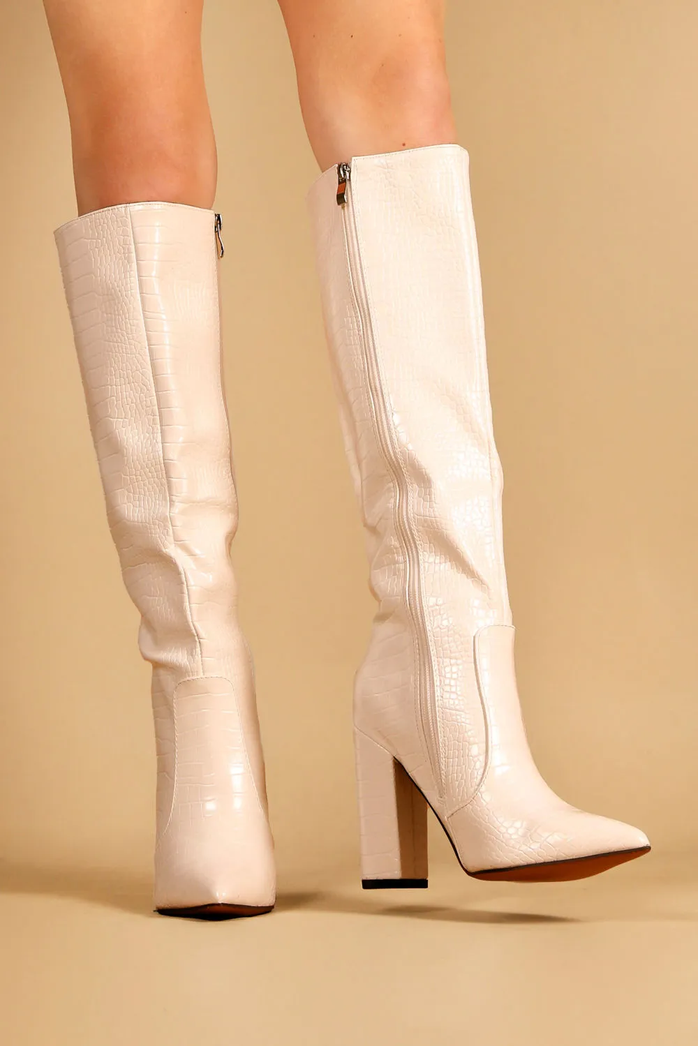 Beige Croc Embossed Knee High Block Heel Boots