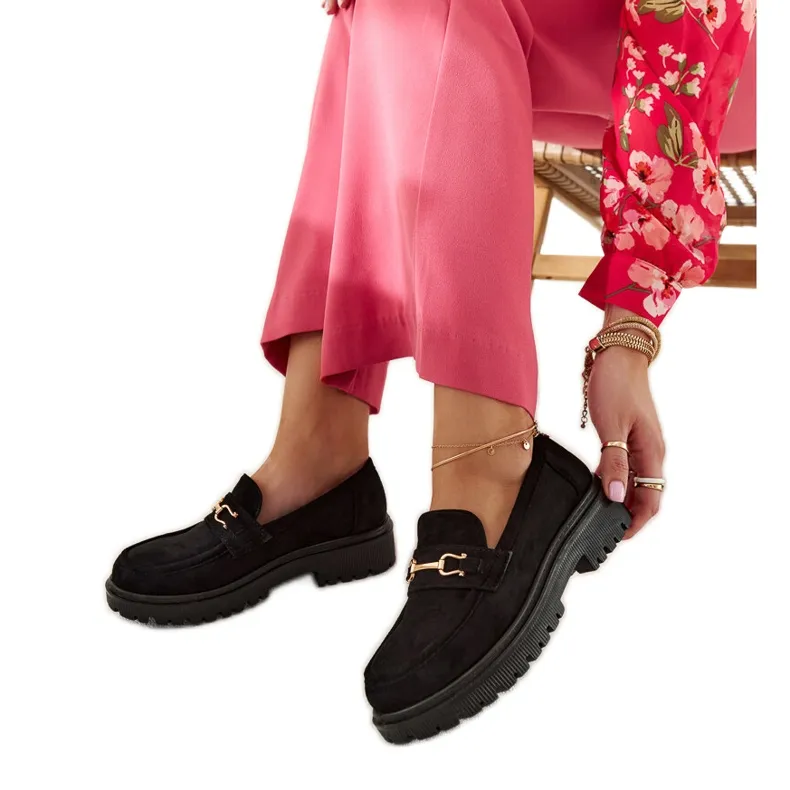 Black suede moccasins with a Barbara buckle