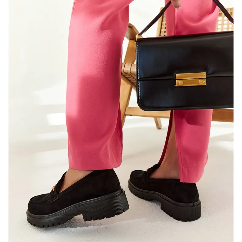 Black suede moccasins with a Barbara buckle