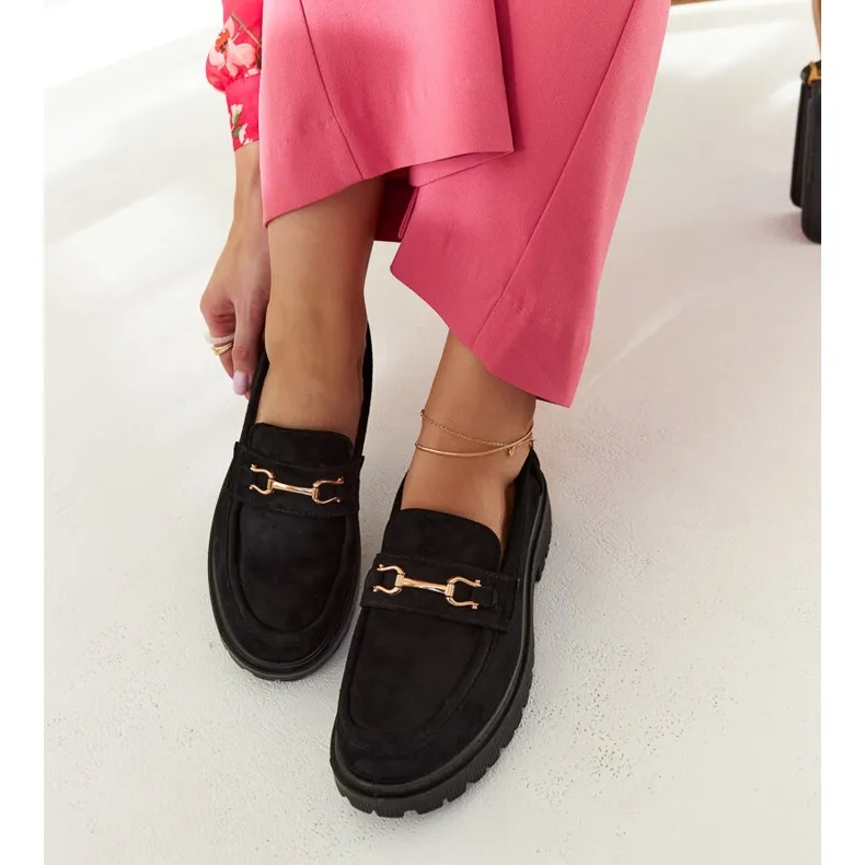 Black suede moccasins with a Barbara buckle