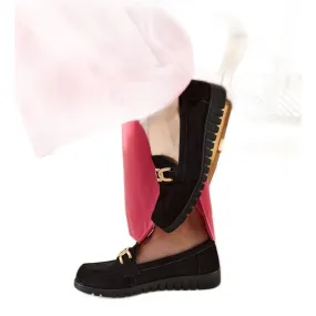 Black suede moccasins with a Sardis buckle