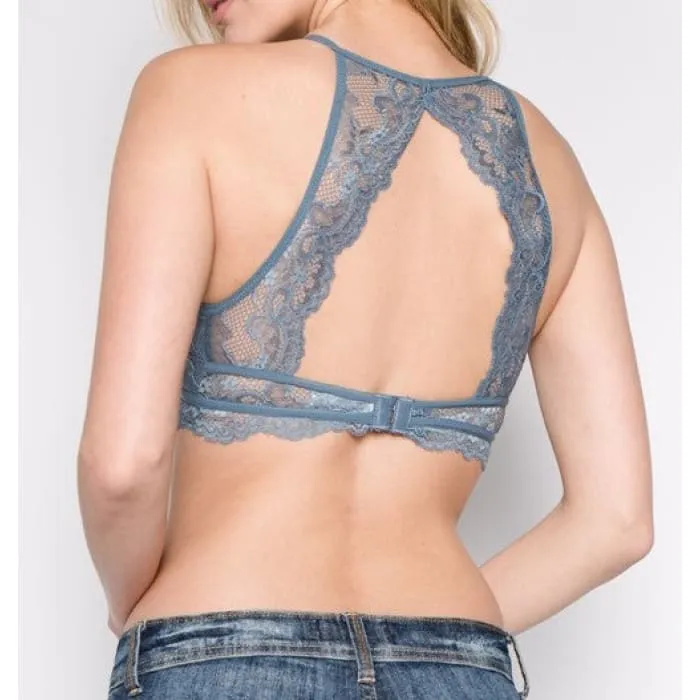 Blue High Neck Lace Bra