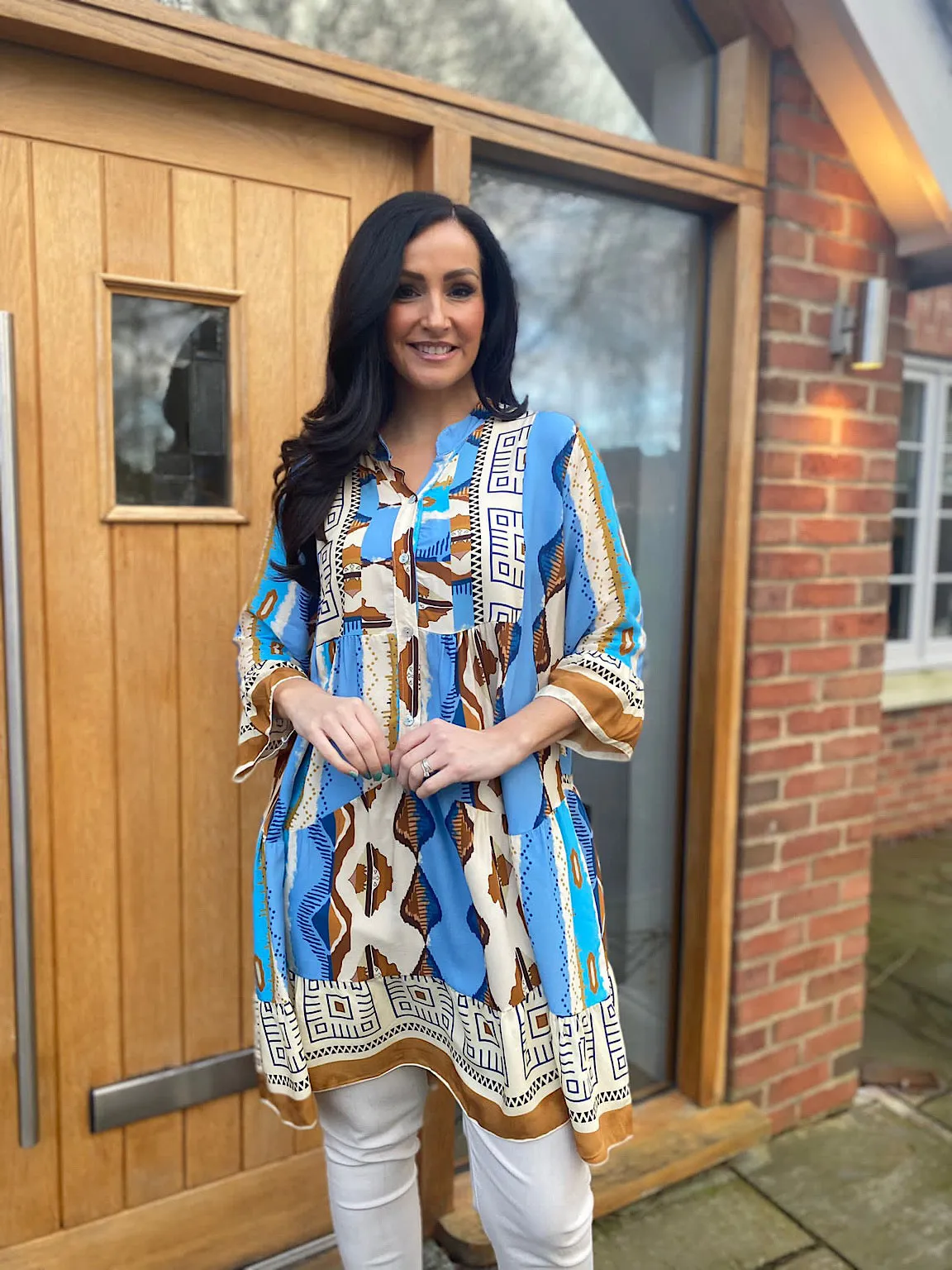 Blue Multi Pattern Flared Sleeve Tunic Doreen