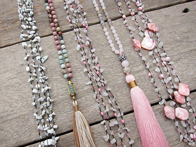 Bohemian Pink Opal, Rose Quartz Layering Necklaces - 60 inches long