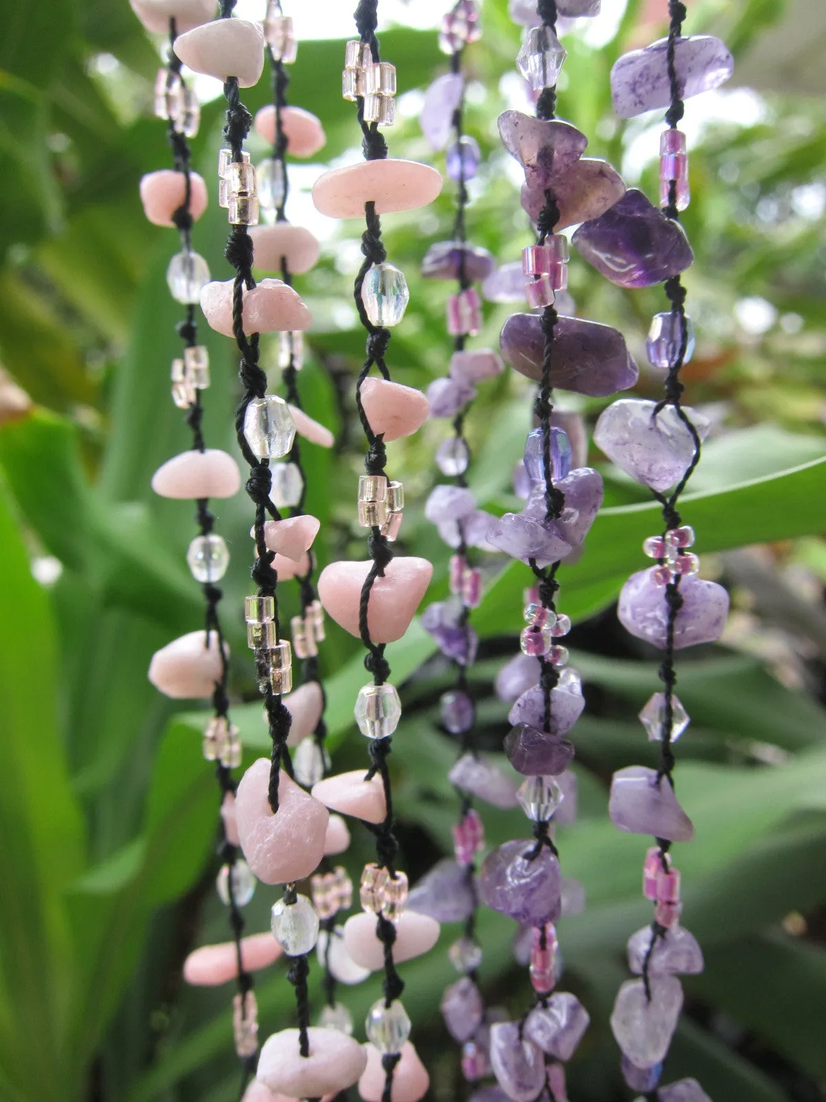 Bohemian Pink Opal, Rose Quartz Layering Necklaces - 60 inches long