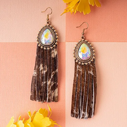 Brown Cow Suede Tassel Earrings with bling rhinestone