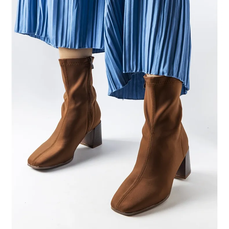 Brown satin block heel boots from Laforgen