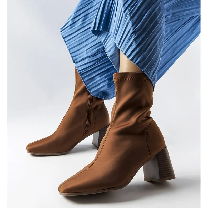 Brown satin block heel boots from Laforgen