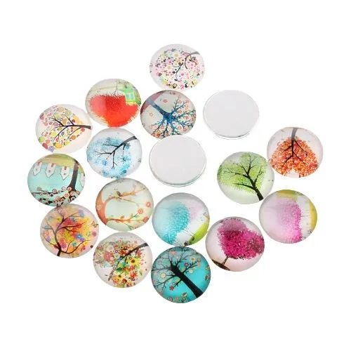 Cabochons, Glass, Dome, Seals, Flat Back, Assorted, Printed, Trees, 10mm