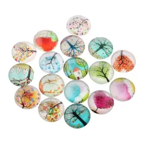 Cabochons, Glass, Dome, Seals, Flat Back, Assorted, Printed, Trees, 10mm