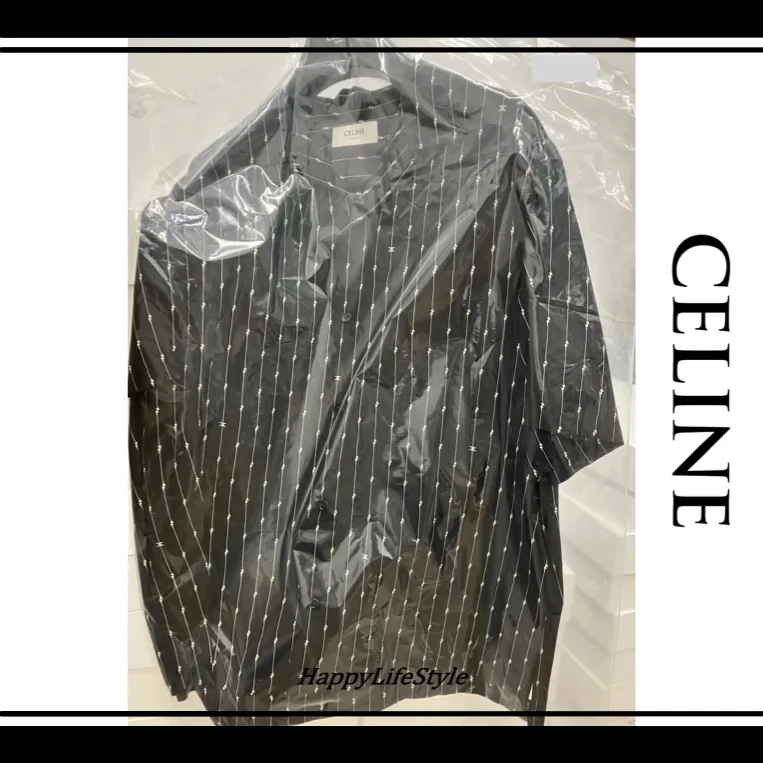 CELINE  |Stripes Silk Bi-color Short Sleeves Oversized Logo Luxury