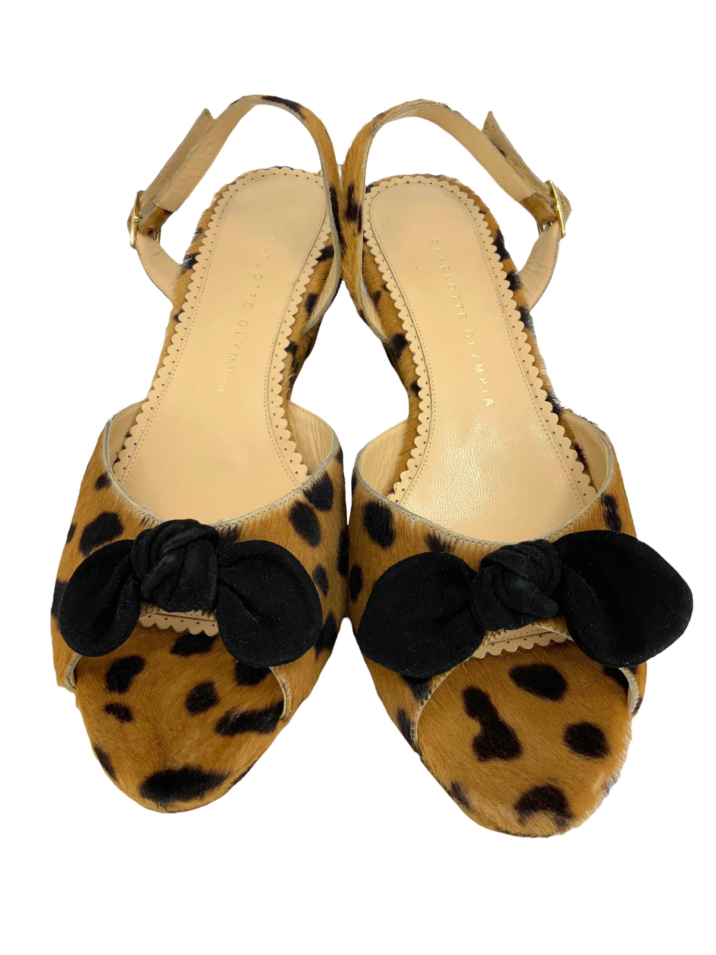 Charlotte Olympia Leopard Print Calf Hair Slingback Wedges Size 11