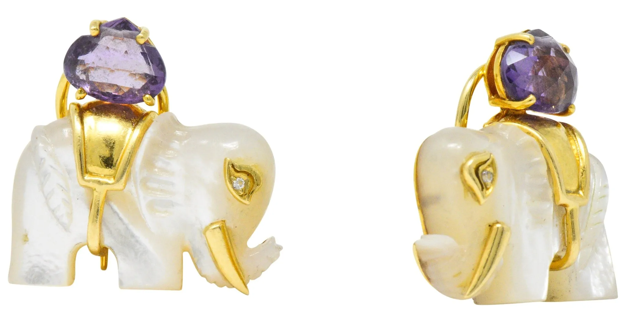 Contemporary Mother-Of-Pearl Amethyst Diamond 18 Karat Gold Elephant Earrings