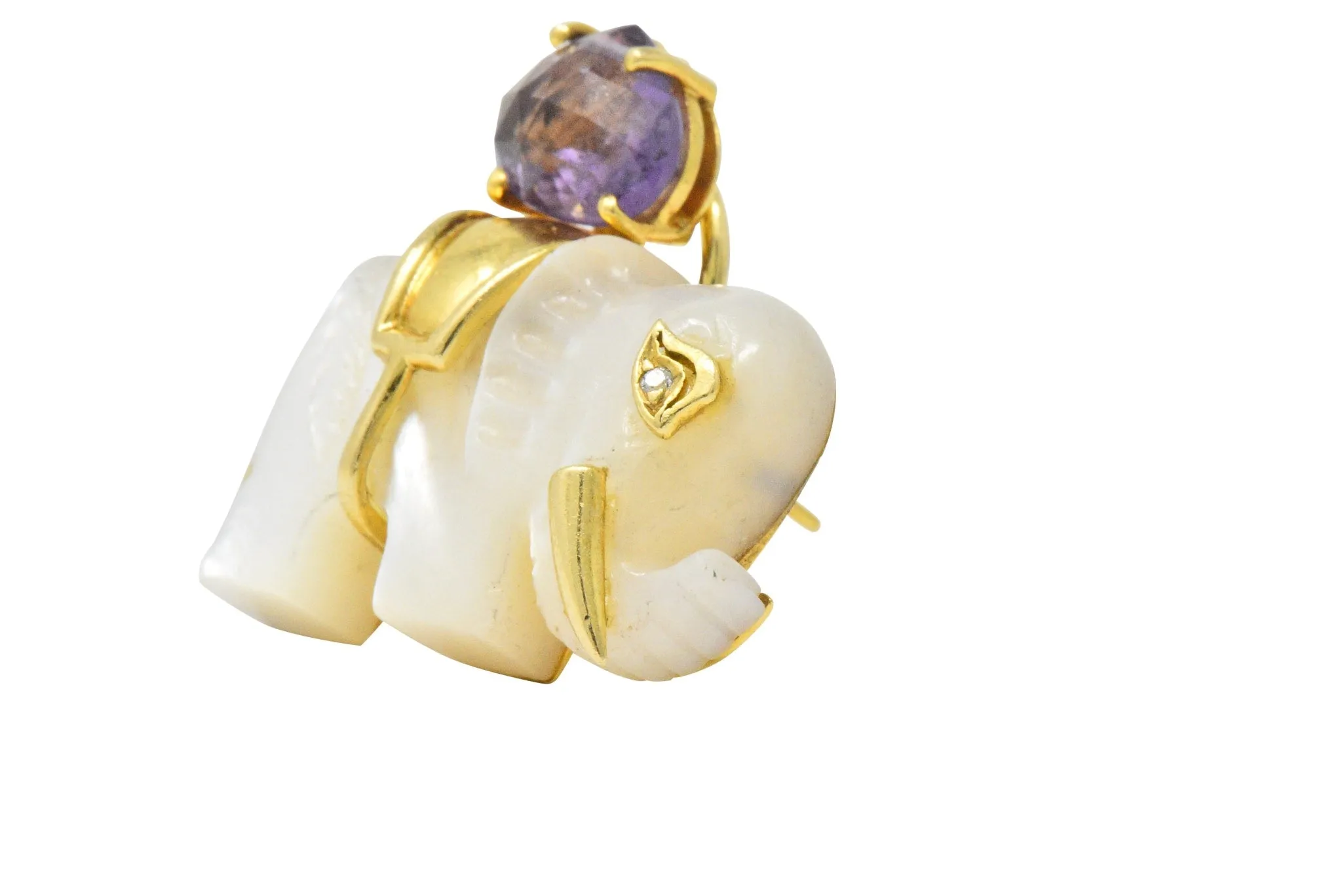 Contemporary Mother-Of-Pearl Amethyst Diamond 18 Karat Gold Elephant Earrings