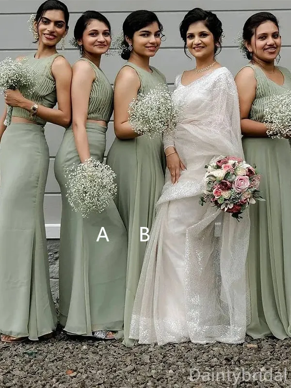 Elegant Two Pieces Mermaid A-line Chiffon Sleeveless Long Bridesmaid Dresses, BG365