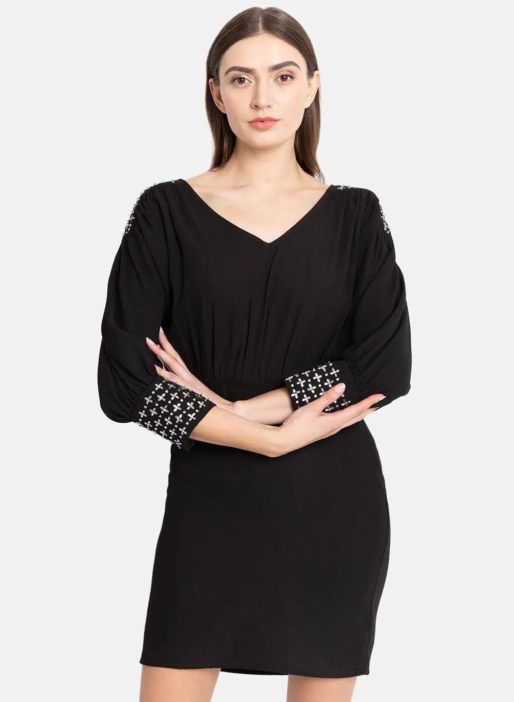 Embellished Blouson Mini Dress With Overlap Skirt