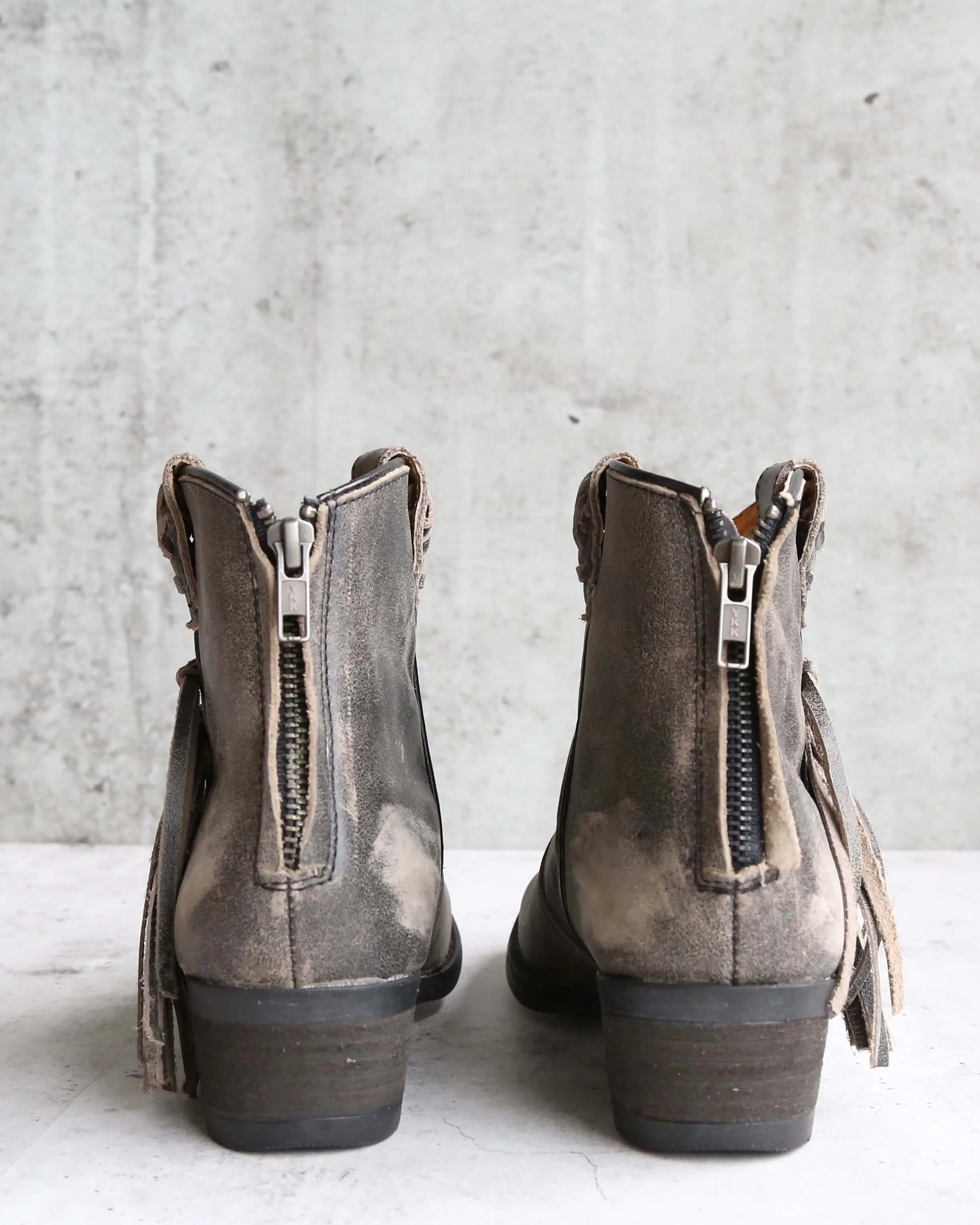 Final Sale - Very Volatile - Lookout Fringe Western Inspired Distressed Leather Booties in Charcoal