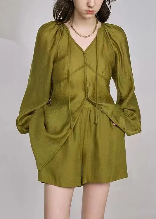 French Grass Green Lace Up Pockets Silk Two Piece Set Long Sleeve QA1044