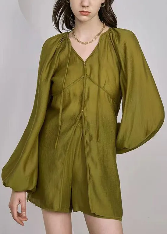 French Grass Green Lace Up Pockets Silk Two Piece Set Long Sleeve QA1044