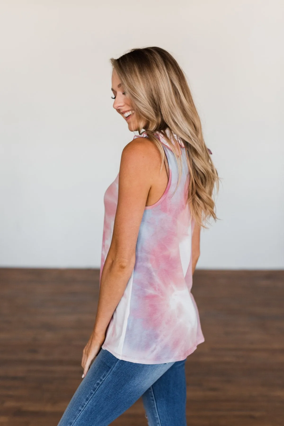 Give Me A Reason Tie Dye Ruffle Tank Top- Peach, Blue, Ivory