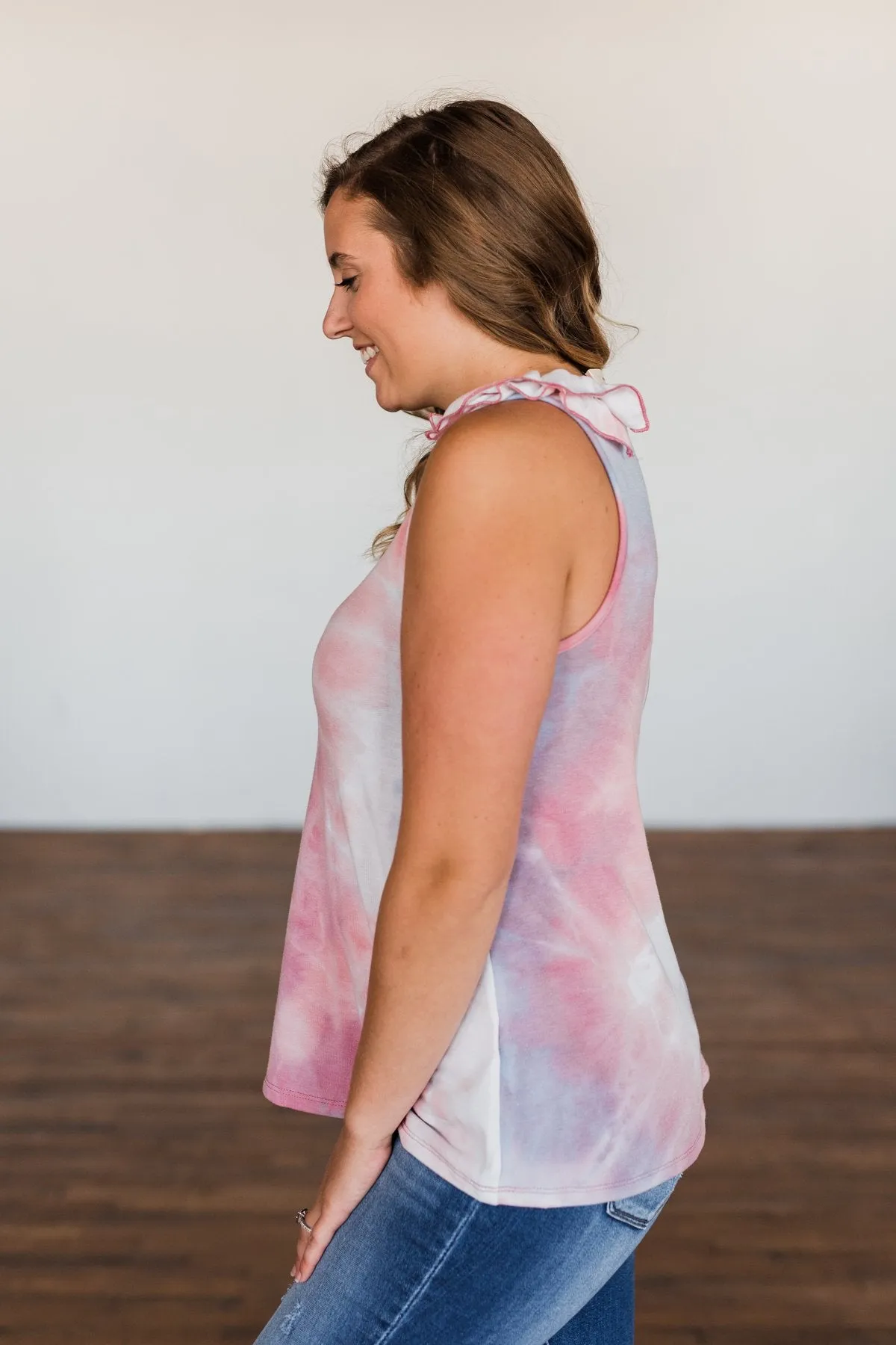 Give Me A Reason Tie Dye Ruffle Tank Top- Peach, Blue, Ivory