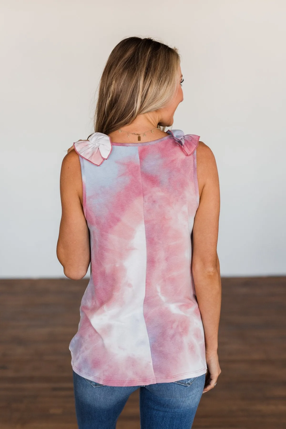 Give Me A Reason Tie Dye Ruffle Tank Top- Peach, Blue, Ivory