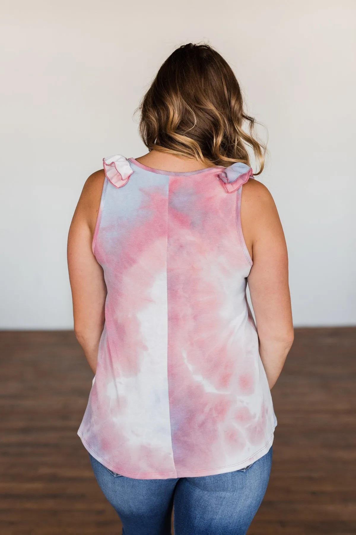 Give Me A Reason Tie Dye Ruffle Tank Top- Peach, Blue, Ivory