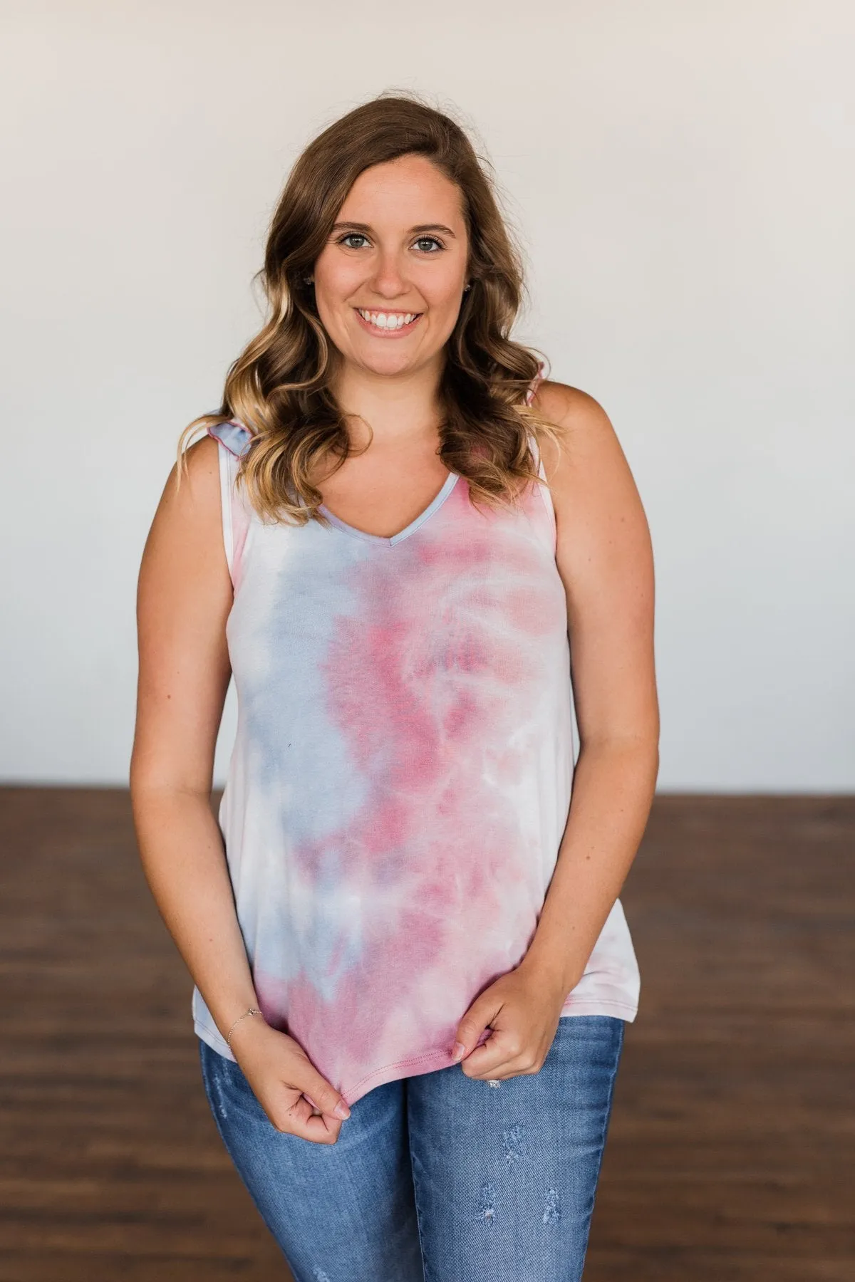 Give Me A Reason Tie Dye Ruffle Tank Top- Peach, Blue, Ivory