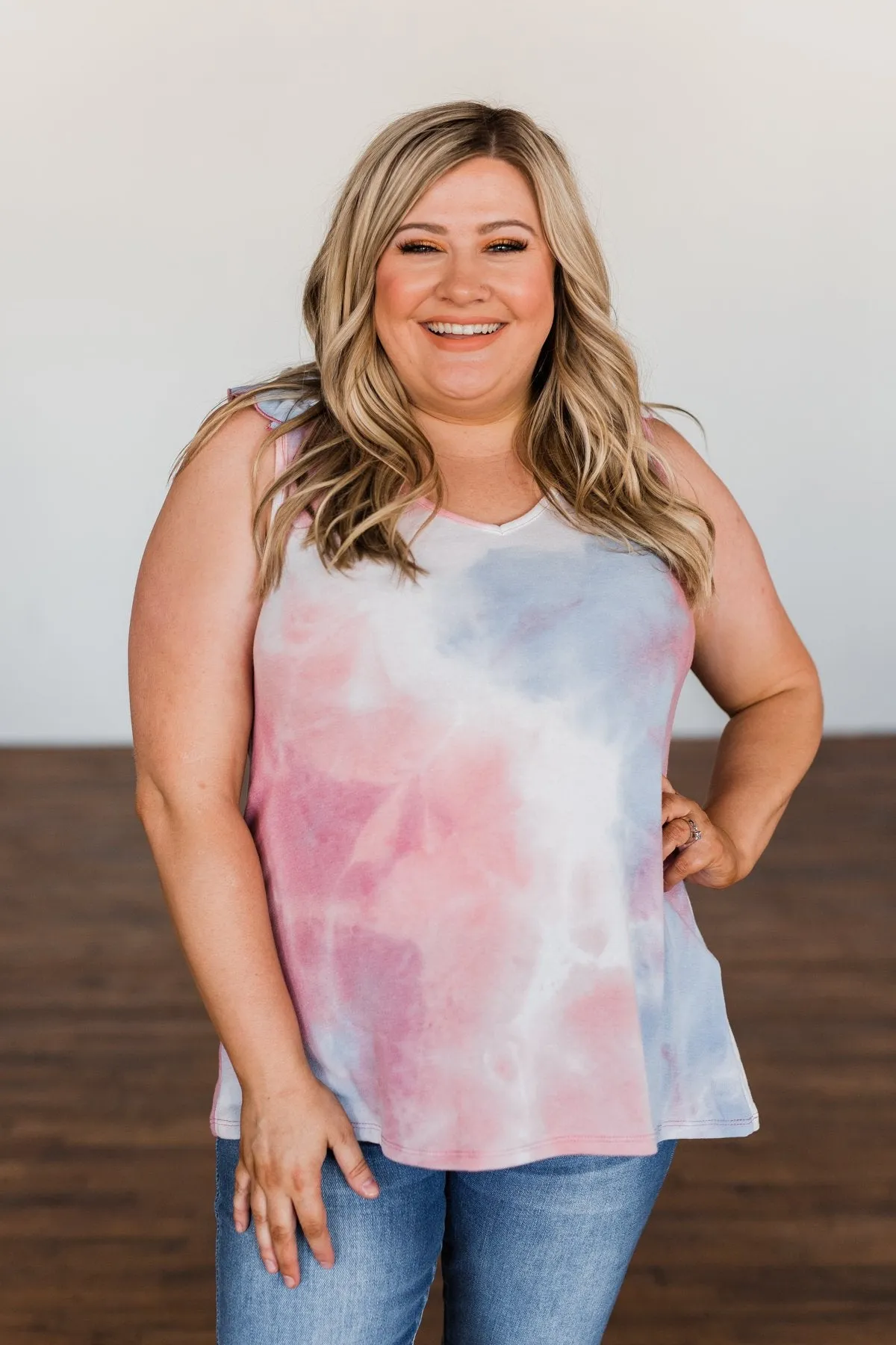 Give Me A Reason Tie Dye Ruffle Tank Top- Peach, Blue, Ivory