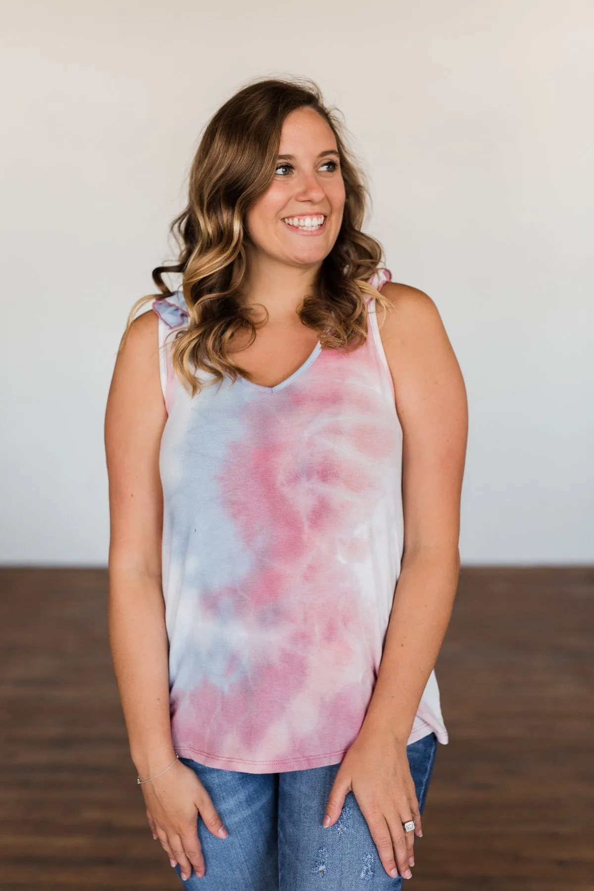 Give Me A Reason Tie Dye Ruffle Tank Top- Peach, Blue, Ivory