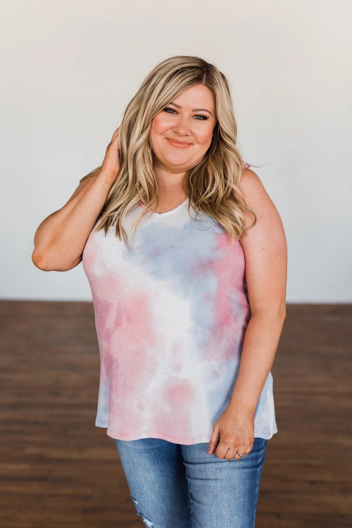 Give Me A Reason Tie Dye Ruffle Tank Top- Peach, Blue, Ivory