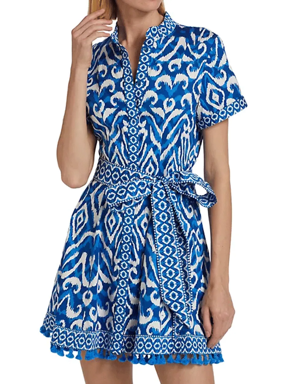 Ikat Blue Lucy Roll Mini Shirtdress