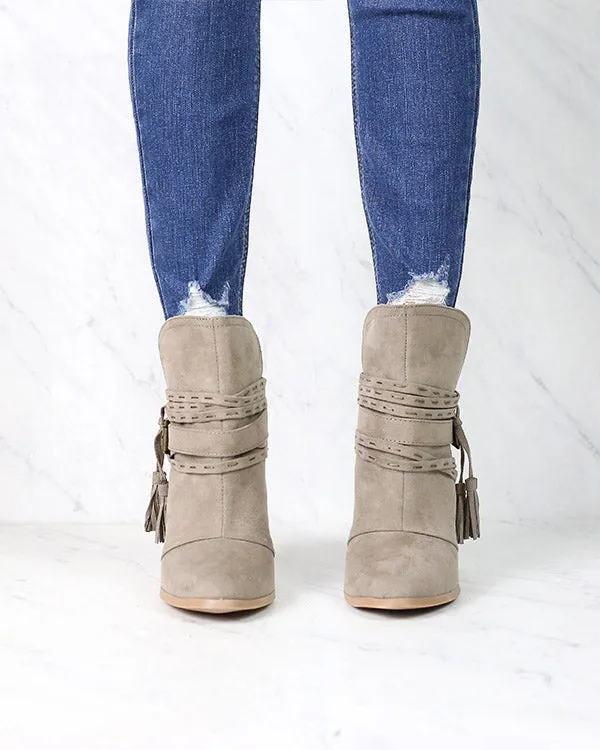 Kara Tassel Heeled Booties in Taupe