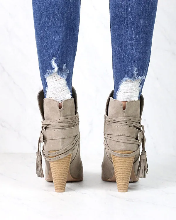 Kara Tassel Heeled Booties in Taupe