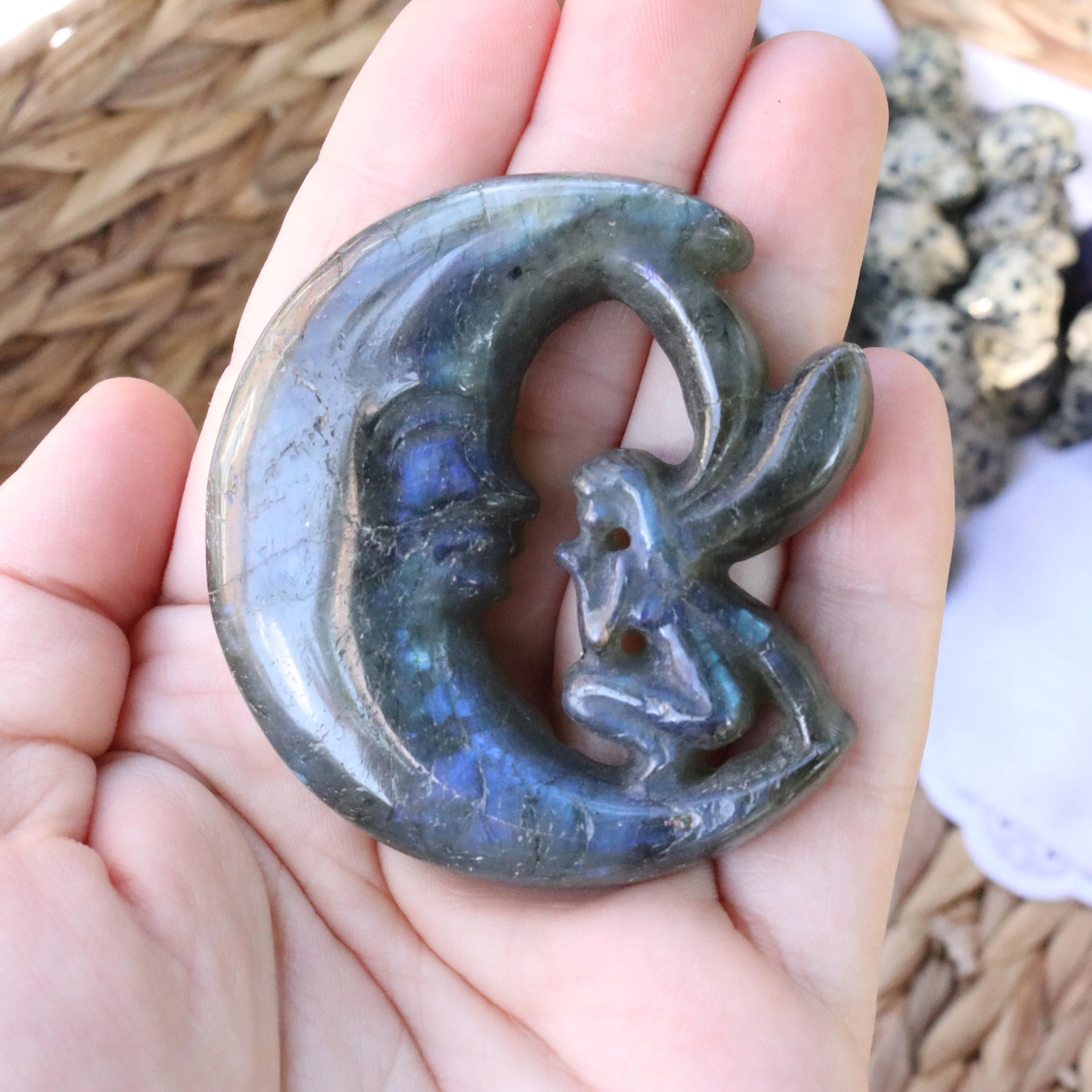 Labradorite Moon Fairy Carving ~ Flashes with Rainbow!