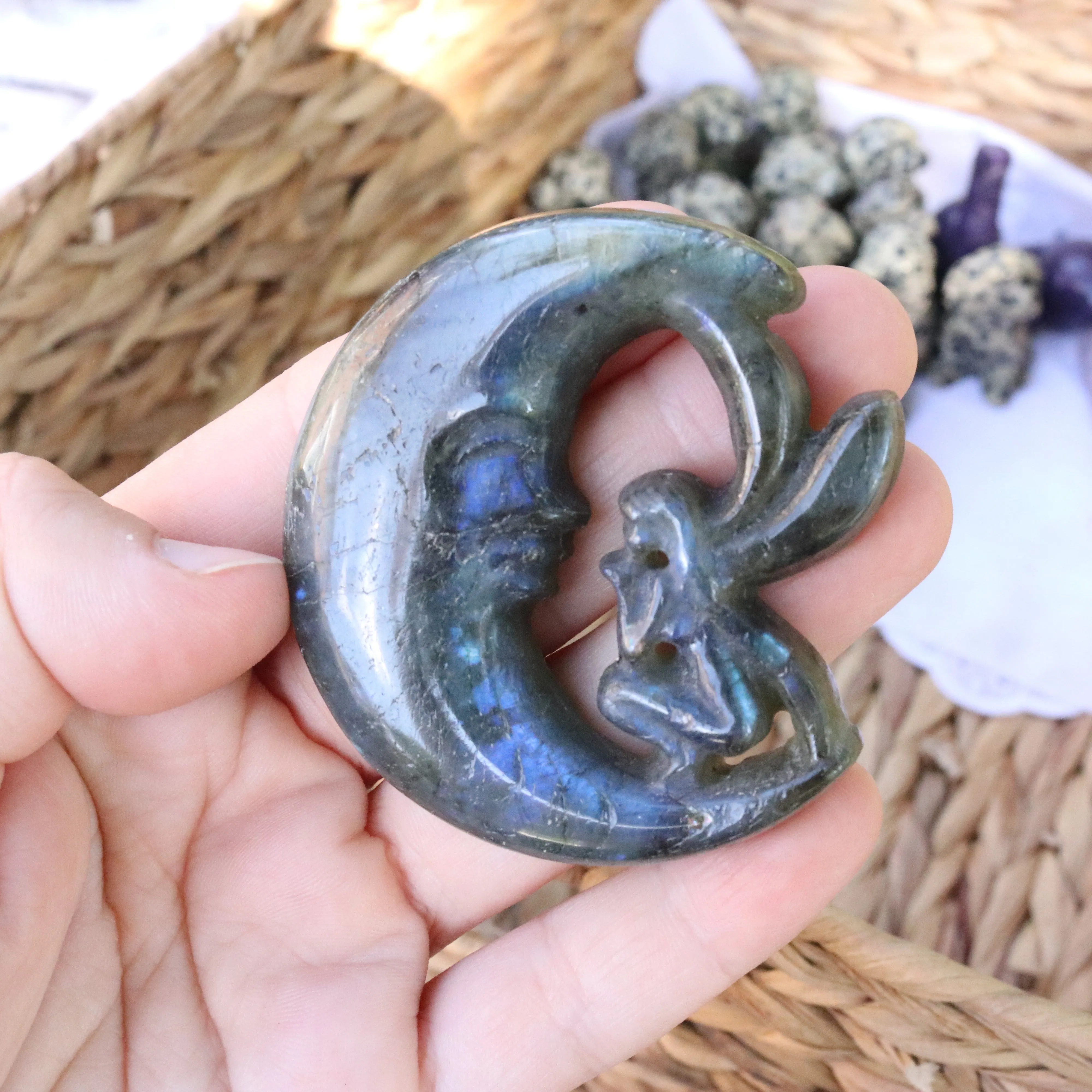 Labradorite Moon Fairy Carving ~ Flashes with Rainbow!