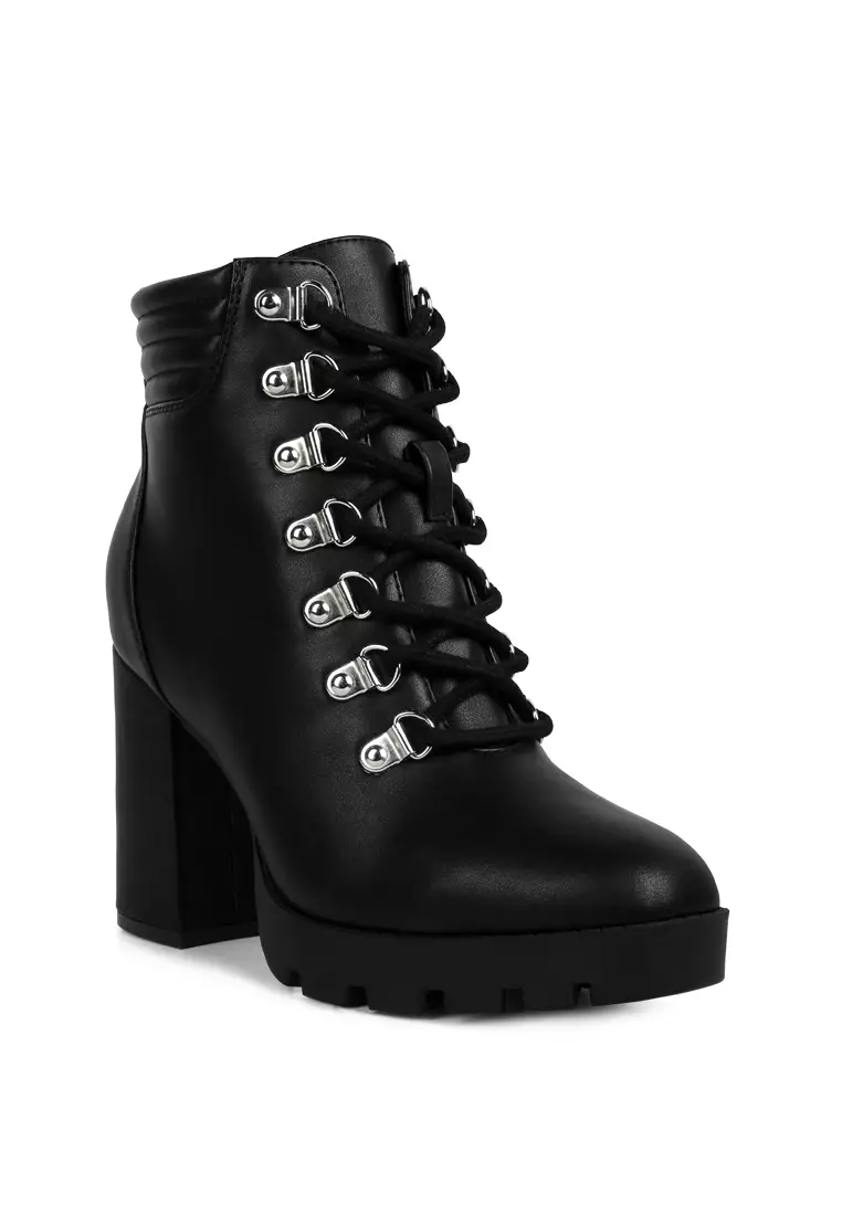 London Rag Black Lace Up Block Heel Boots