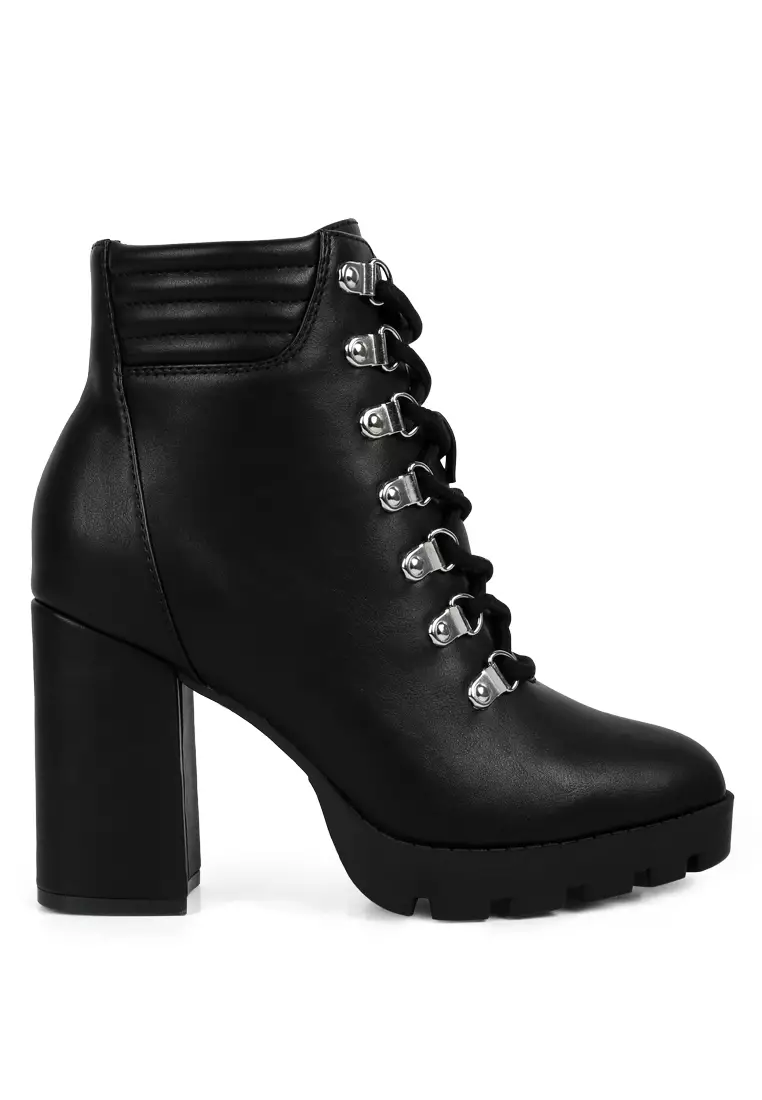 London Rag Black Lace Up Block Heel Boots