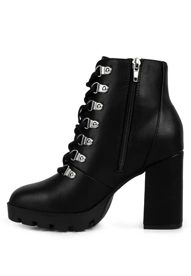 London Rag Black Lace Up Block Heel Boots