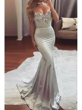 Mermaid Sweetheart Sweep Trailing Satin Prom Dress With Beading, OL690