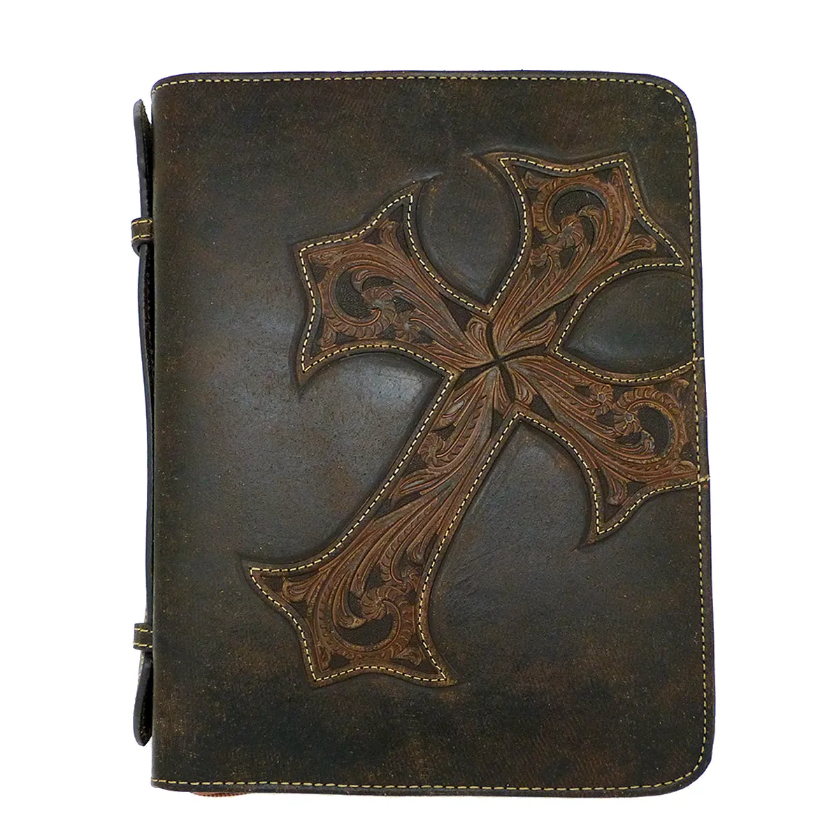 Nocona Western Bible Leather Cover Tooled Diagonal Cross Zippered Brown