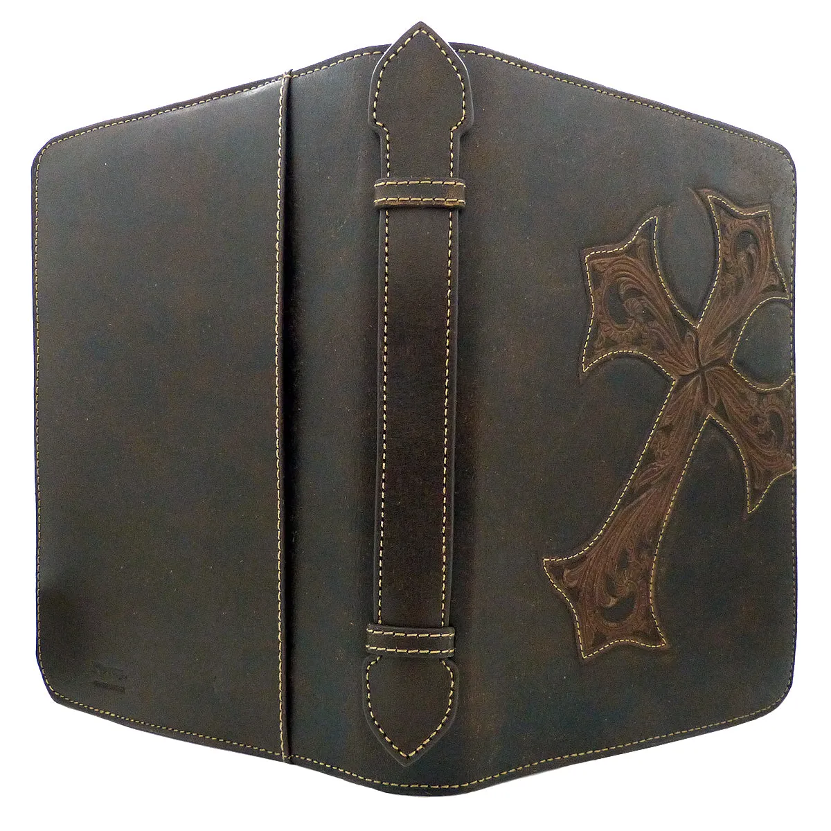 Nocona Western Bible Leather Cover Tooled Diagonal Cross Zippered Brown