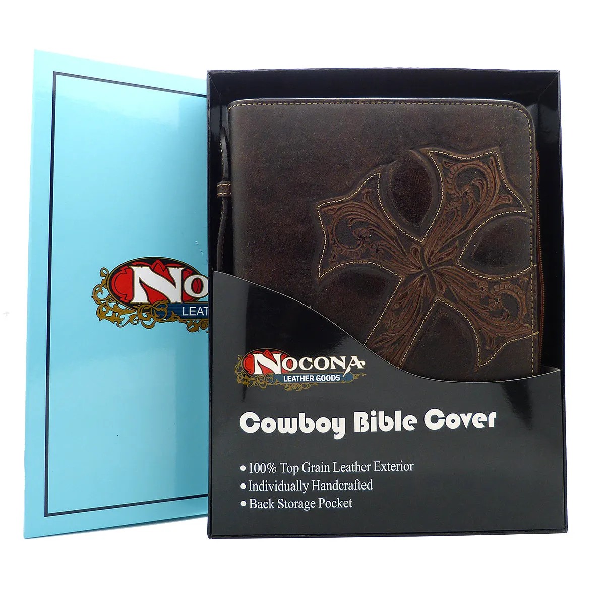 Nocona Western Bible Leather Cover Tooled Diagonal Cross Zippered Brown