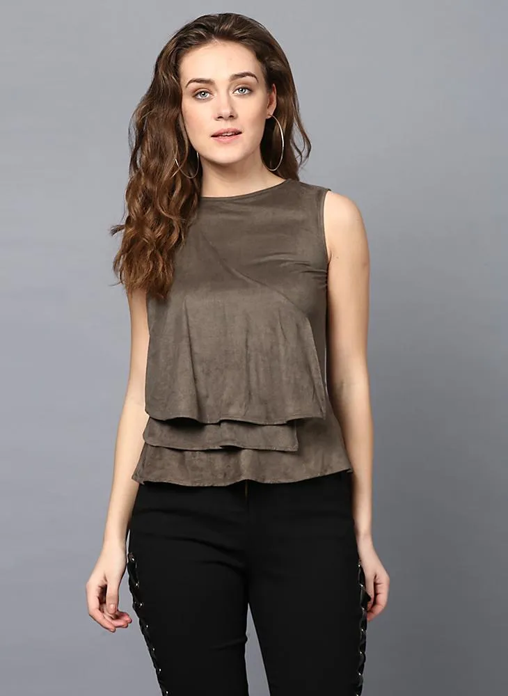 Olive Green Suede Frill Front Panel Top