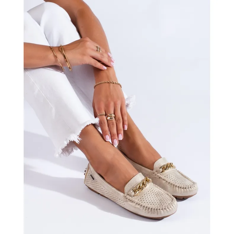 Openwork light suede moccasins Shelovet beige and gold