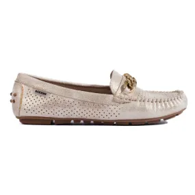 Openwork light suede moccasins Shelovet beige and gold