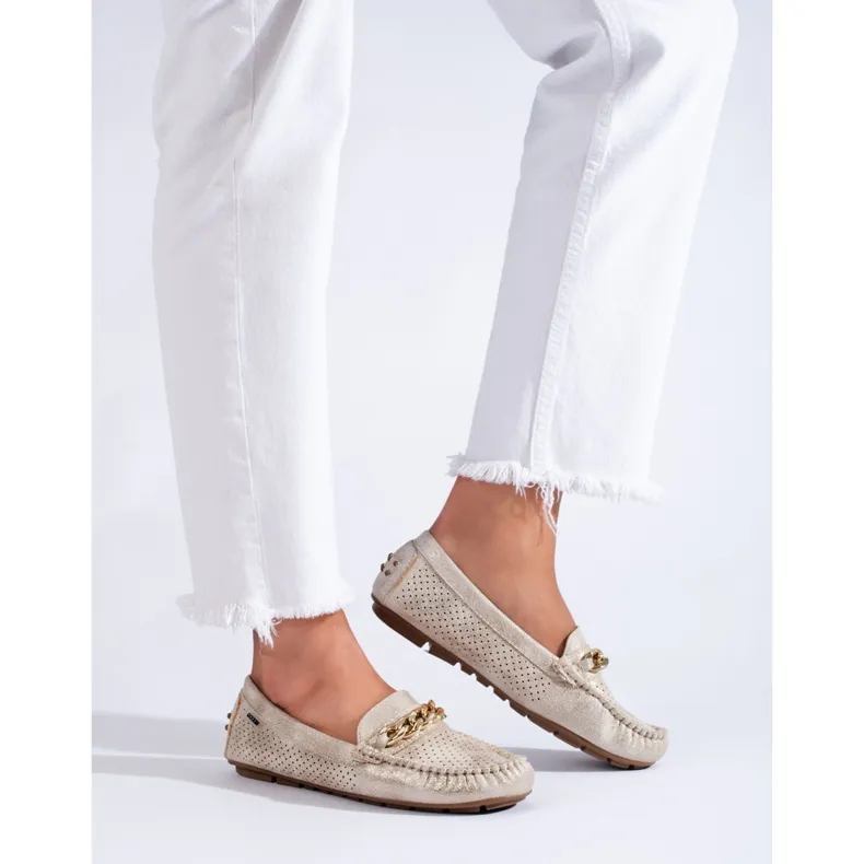 Openwork light suede moccasins Shelovet beige and gold